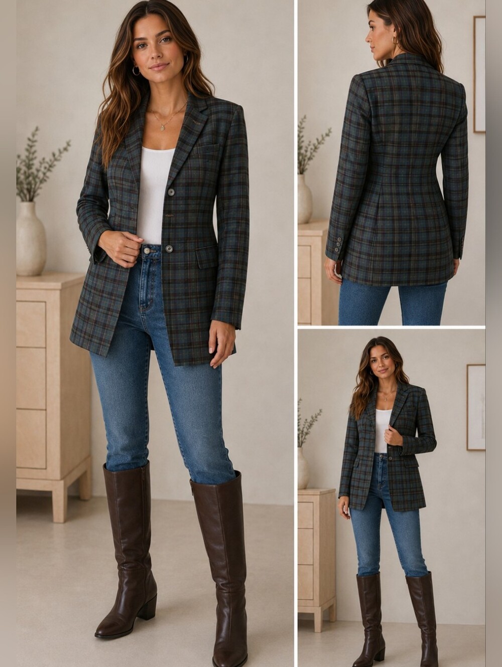 VINTAGE 90s Plaid Fitted Blazer green/blue. Size S/M